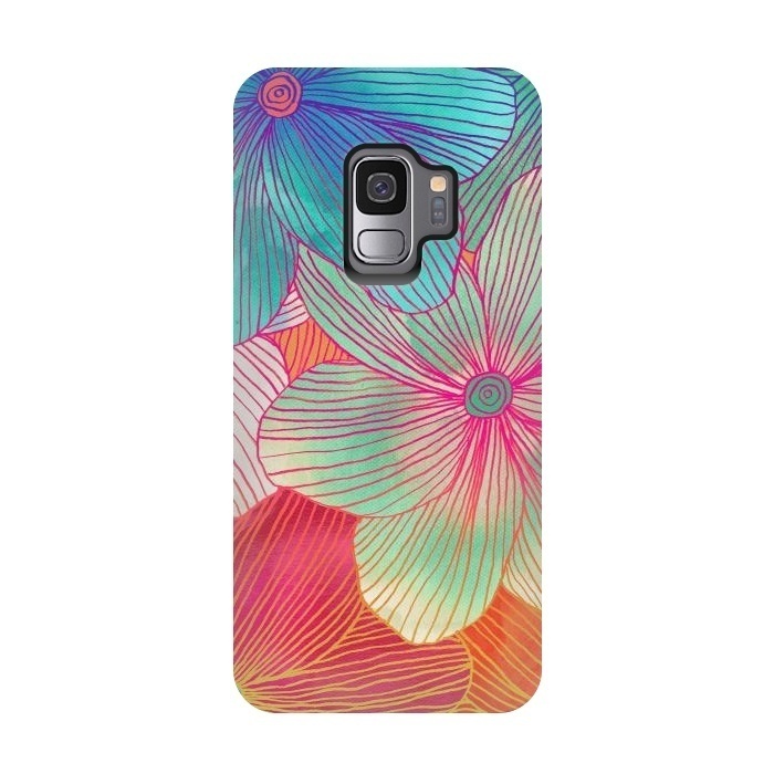 Galaxy S9 StrongFit Between the Lines - tropical flowers in pink, orange, blue & mint by Micklyn Le Feuvre