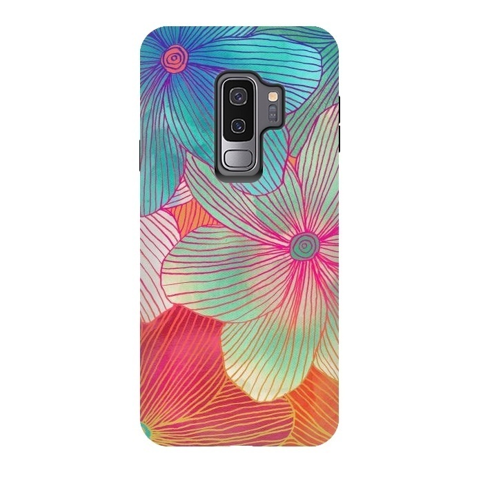 Galaxy S9 plus StrongFit Between the Lines - tropical flowers in pink, orange, blue & mint by Micklyn Le Feuvre