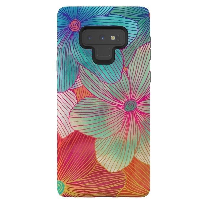 Galaxy Note 9 StrongFit Between the Lines - tropical flowers in pink, orange, blue & mint by Micklyn Le Feuvre