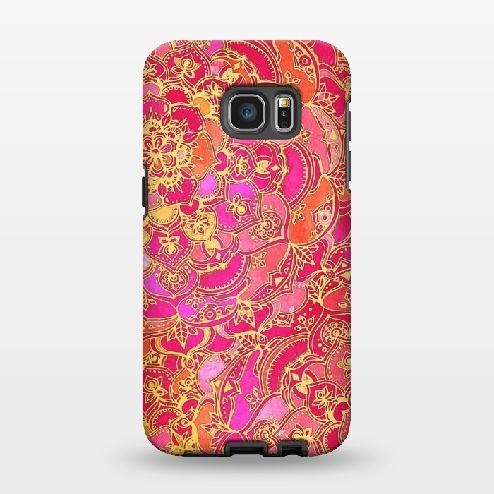 Galaxy S7 EDGE StrongFit Hot Pink and Gold Baroque Floral Pattern by Micklyn Le Feuvre