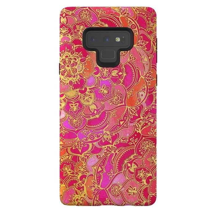 Galaxy Note 9 StrongFit Hot Pink and Gold Baroque Floral Pattern by Micklyn Le Feuvre