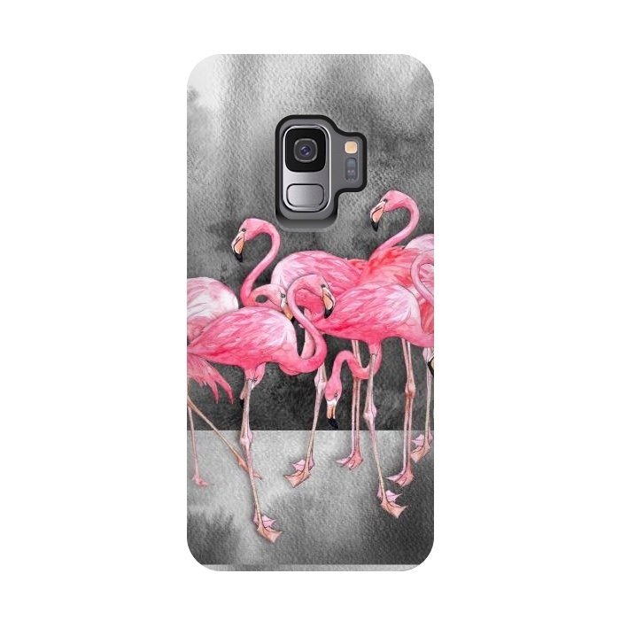 Galaxy S9 StrongFit Pink Flamingos in Watercolor & Ink by Micklyn Le Feuvre