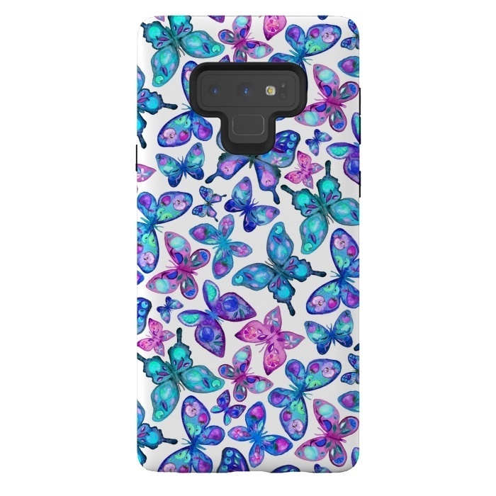 Galaxy Note 9 StrongFit Watercolor Fruit Patterned Butterflies - aqua and sapphire by Micklyn Le Feuvre