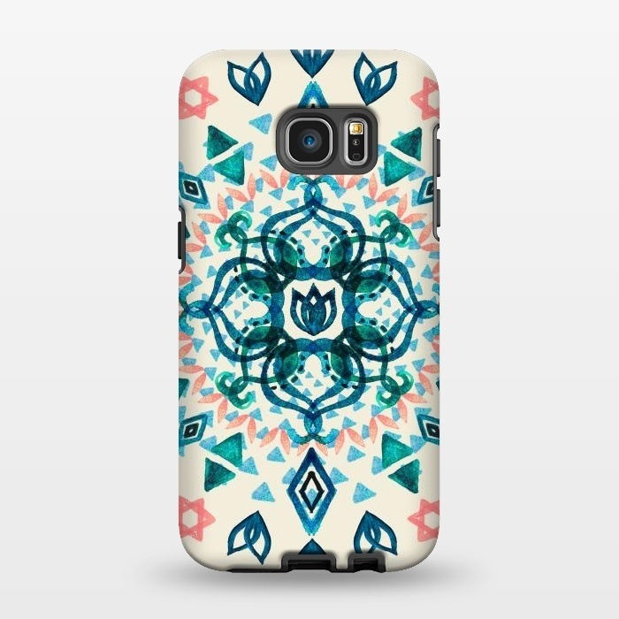 Galaxy S7 EDGE StrongFit Watercolor Lotus Mandala in Teal & Salmon Pink by Micklyn Le Feuvre
