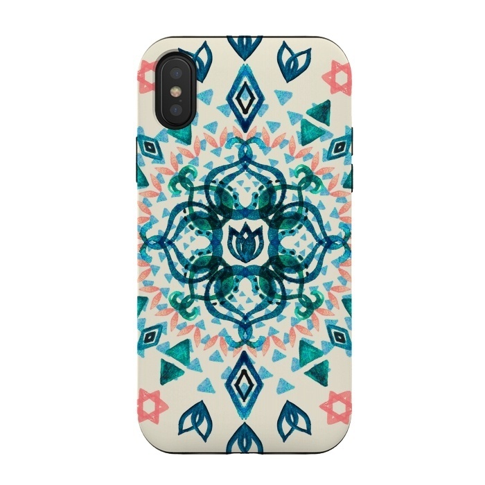 iPhone Xs / X StrongFit Watercolor Lotus Mandala in Teal & Salmon Pink by Micklyn Le Feuvre
