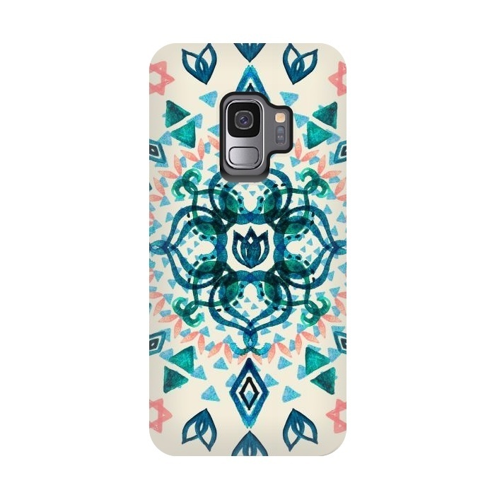 Galaxy S9 StrongFit Watercolor Lotus Mandala in Teal & Salmon Pink by Micklyn Le Feuvre