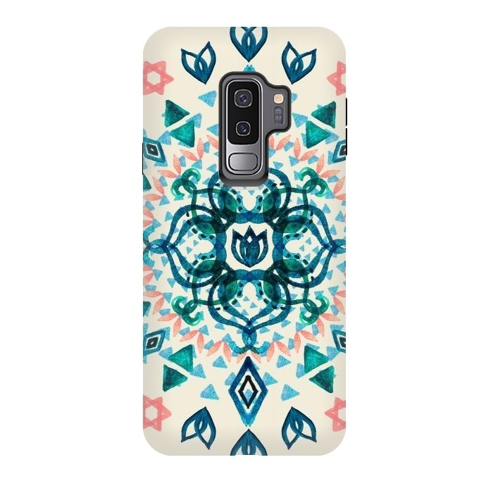 Galaxy S9 plus StrongFit Watercolor Lotus Mandala in Teal & Salmon Pink by Micklyn Le Feuvre