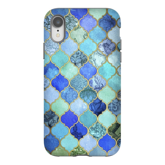 iPhone Xr StrongFit Cobalt Blue Aqua and Gold Decorative Moroccan Tile Pattern by Micklyn Le Feuvre