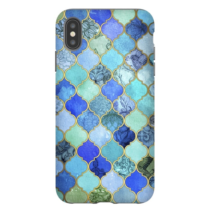 iPhone Xs Max StrongFit Cobalt Blue Aqua and Gold Decorative Moroccan Tile Pattern by Micklyn Le Feuvre