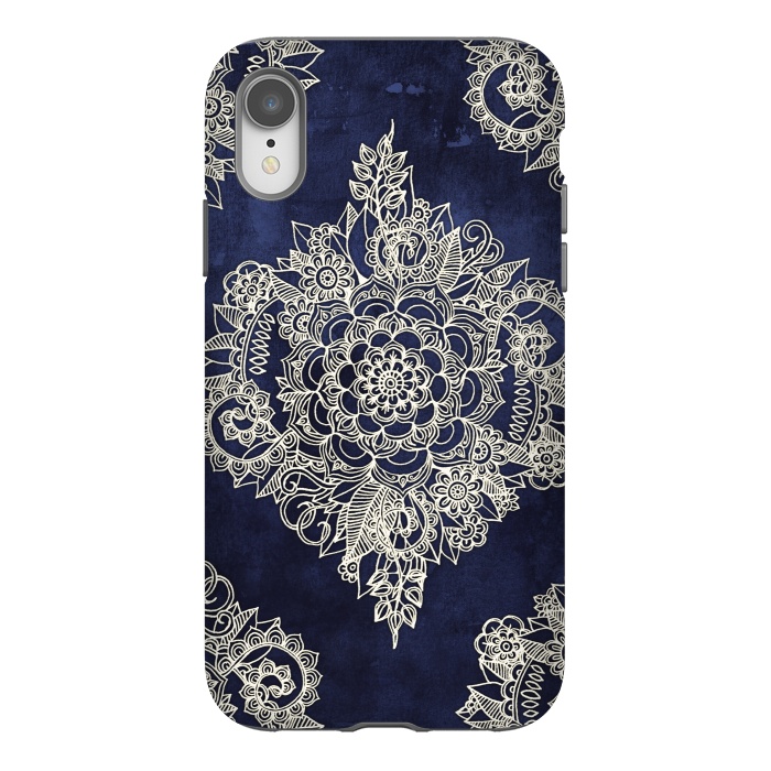 iPhone Xr StrongFit Cream Floral Moroccan Pattern on Deep Indigo Ink by Micklyn Le Feuvre
