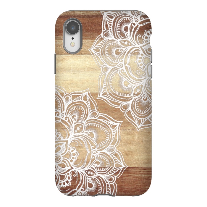 iPhone Xr StrongFit White doodles on blonde wood by Micklyn Le Feuvre