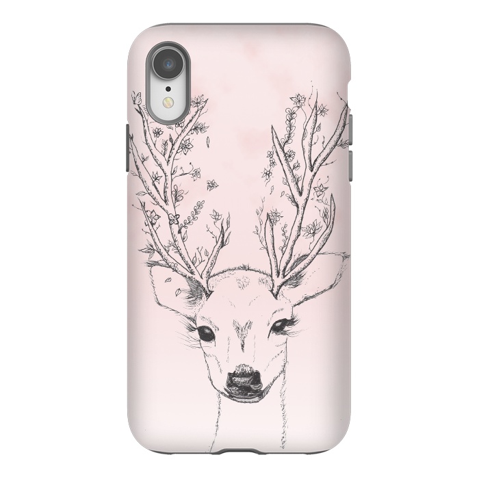 iPhone Xr StrongFit Cute Handdrawn Floral Deer Antlers Pink by Girly Trend