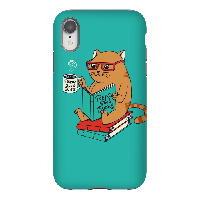 iPhone Xr StrongFit Cat coffee and books by Coffee Man