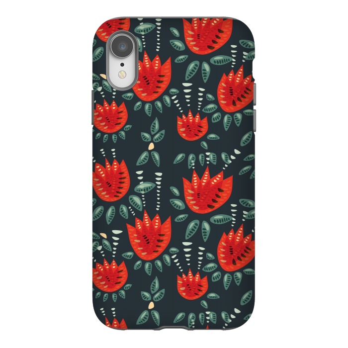 iPhone Xr StrongFit Red Tulips Dark Floral Pattern by Boriana Giormova