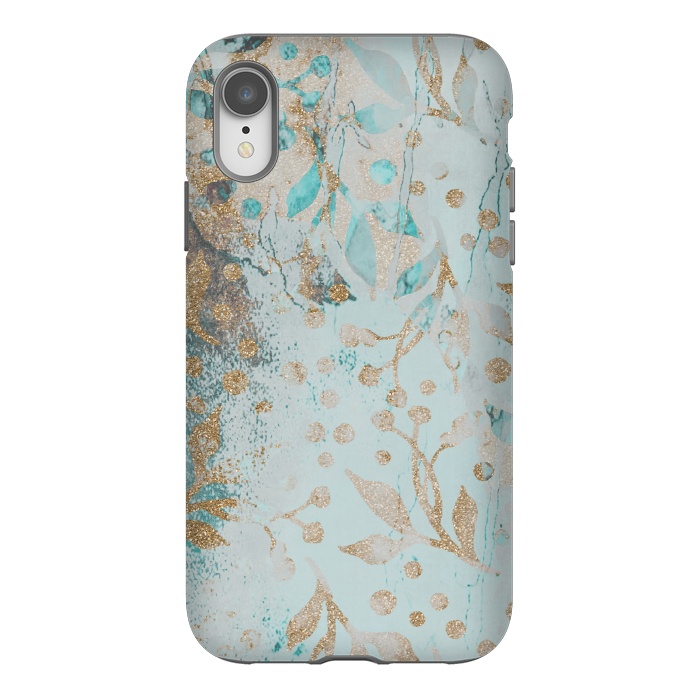 iPhone Xr StrongFit  Botanical  Pattern Teal And Gold by Andrea Haase