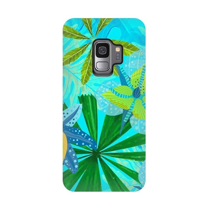 Galaxy S9 StrongFit Watercolor Abstract Teal and Blue Aloha tropical Jungle by  Utart
