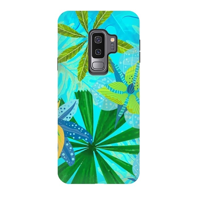 Galaxy S9 plus StrongFit Watercolor Abstract Teal and Blue Aloha tropical Jungle by  Utart