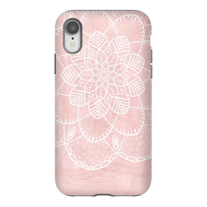 iPhone Xr StrongFit White Mandala on Pink Faux Marble by  Utart