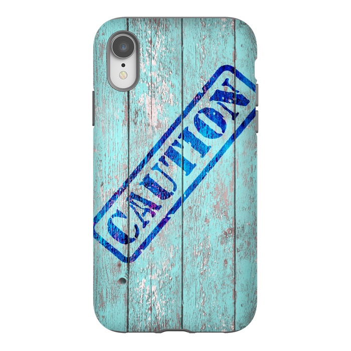 iPhone Xr StrongFit Caution Sign On Old Wooden Plank by Andrea Haase