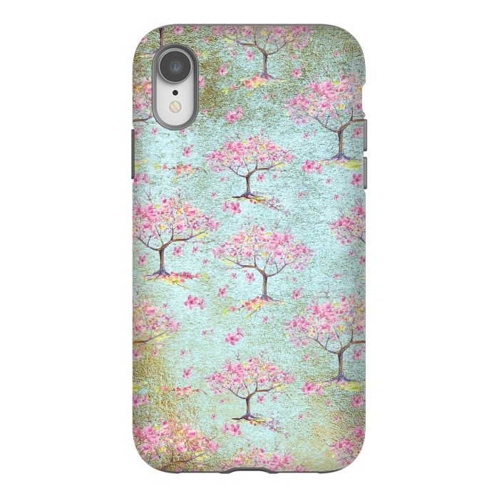 iPhone Xr StrongFit Shiny Teal Spring Metal Cherry Blossom Tree Pattern by  Utart