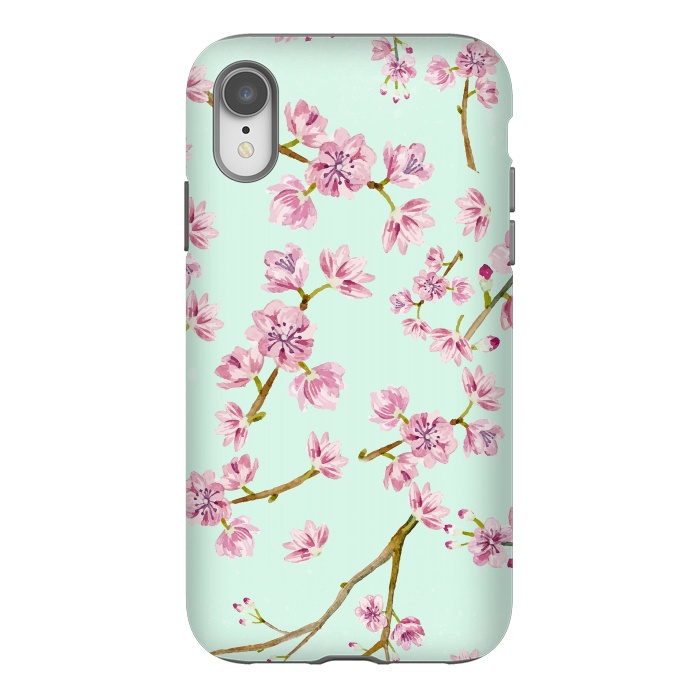 iPhone Xr StrongFit Aqua Teal and Pink Cherry Blossom Branch Spring Pattern by  Utart