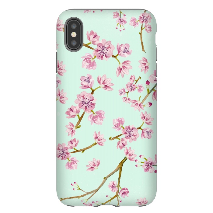 iPhone Xs Max StrongFit Aqua Teal and Pink Cherry Blossom Branch Spring Pattern by  Utart