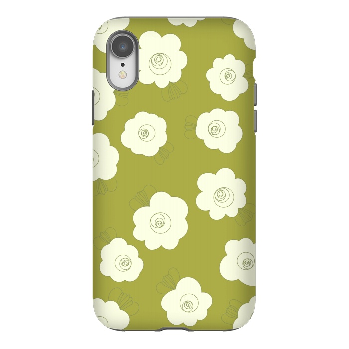 iPhone Xr StrongFit Fluffy Flowers - White on Grass Green by Paula Ohreen