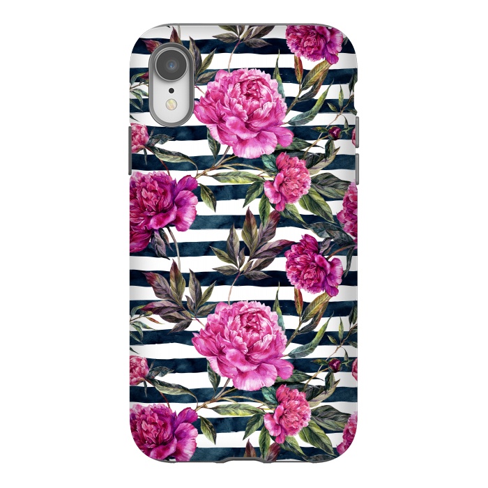 iPhone Xr StrongFit Pink peonies and black stripes by  Utart