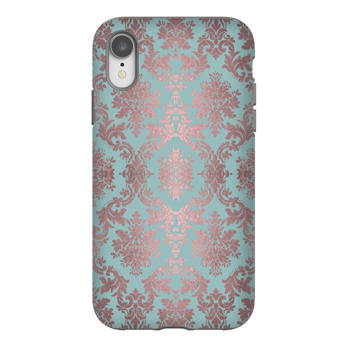 iPhone Xr StrongFit Rose Gold Teal Damask Pattern 2 by Andrea Haase