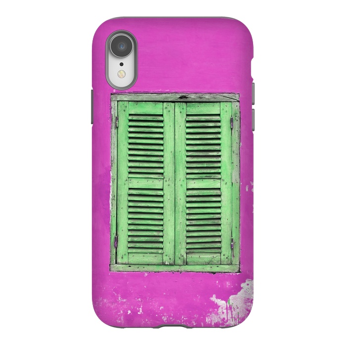 iPhone Xr StrongFit Turquoise Green Shutters In Pink Wall by Andrea Haase