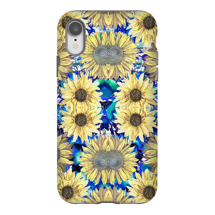iPhone Xr StrongFit Watercolor painted sunflowers and blue foliage by Oana 