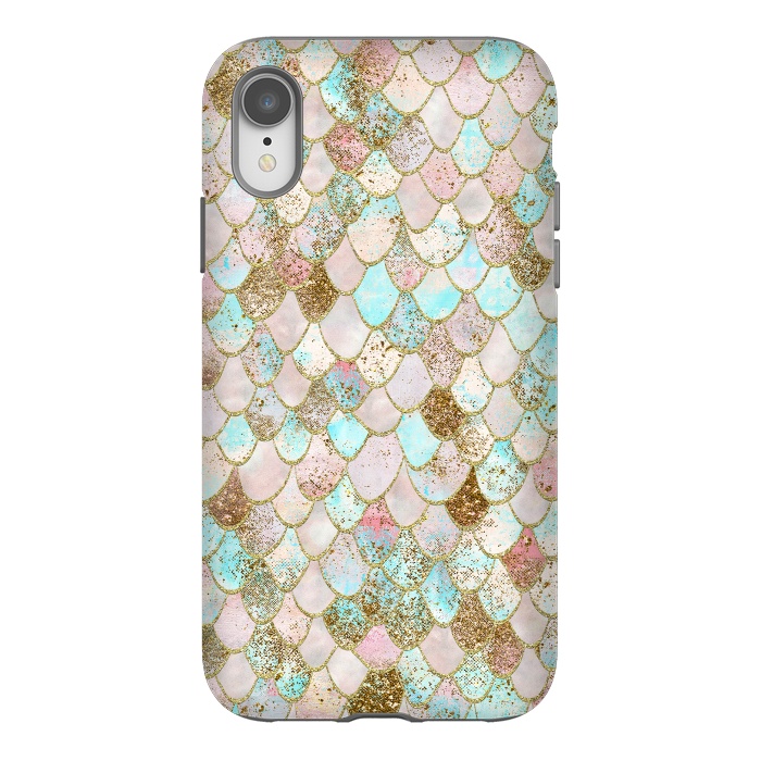 iPhone Xr StrongFit Watercolor Wonky Gold Glitter Pastel Summer Mermaid Scales  by  Utart