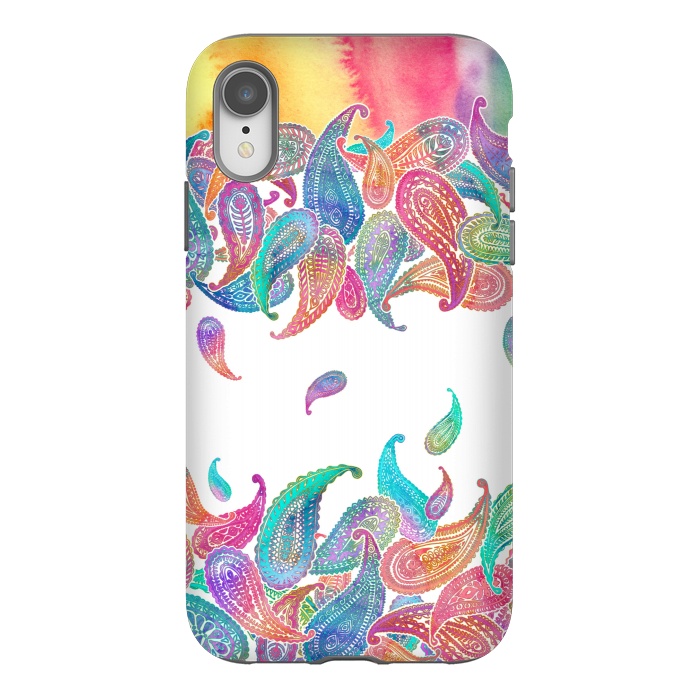 iPhone Xr StrongFit Rainbow Paisley Rain on White by Micklyn Le Feuvre