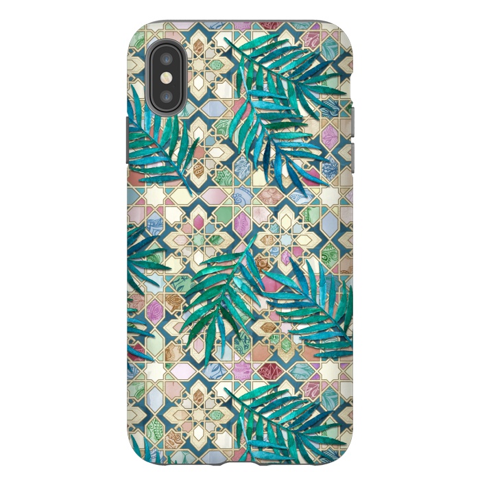 iPhone Xs Max StrongFit Muted Moroccan Mosaic Tiles with Palm Leaves by Micklyn Le Feuvre