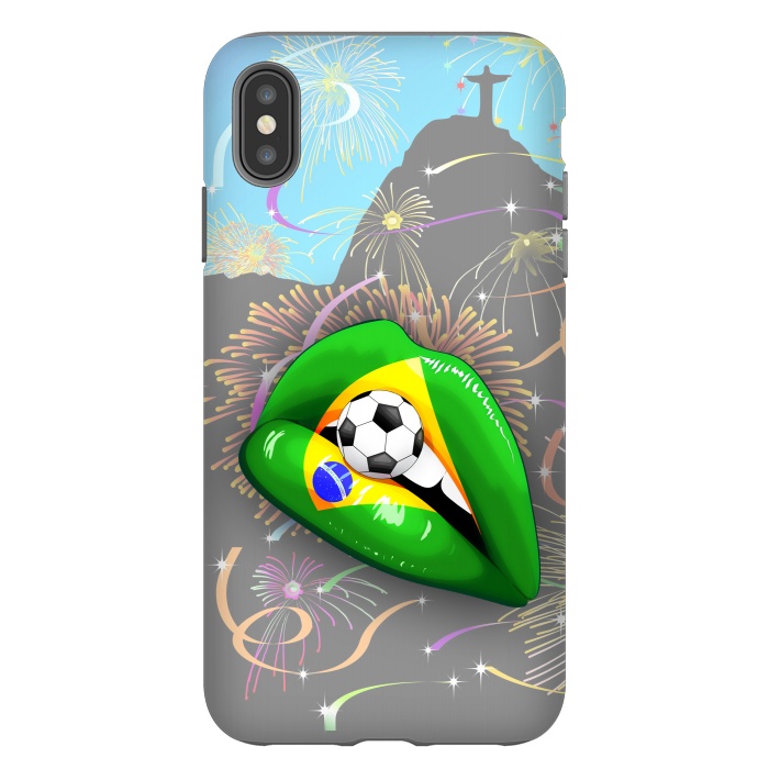 iPhone Xs Max StrongFit  Brazil Flag Lipstick Soccer Supporters on Sensual Woman's Lips by BluedarkArt