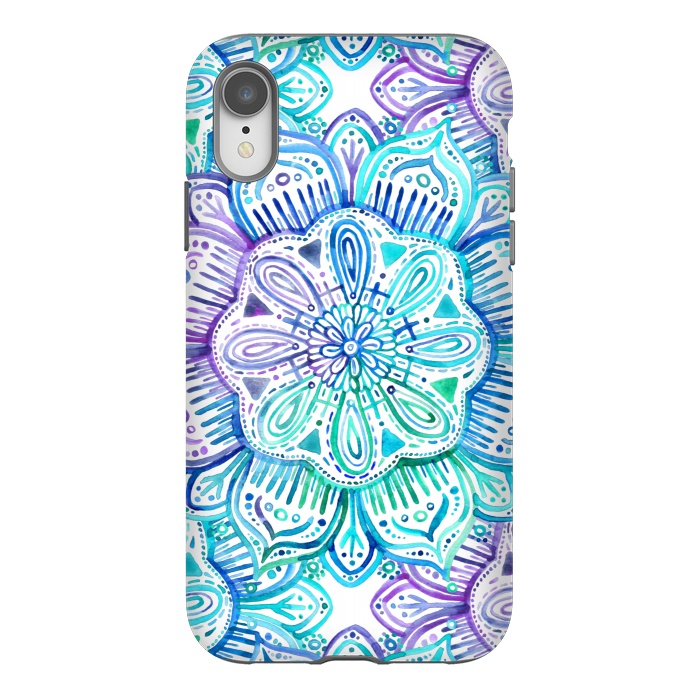 iPhone Xr StrongFit Iridescent Aqua and Purple Watercolor Mandala by Micklyn Le Feuvre