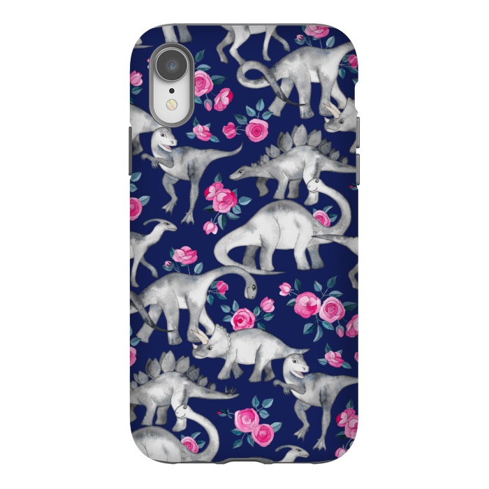 iPhone Xr StrongFit Dinosaurs and Roses on Dark Blue Purple by Micklyn Le Feuvre