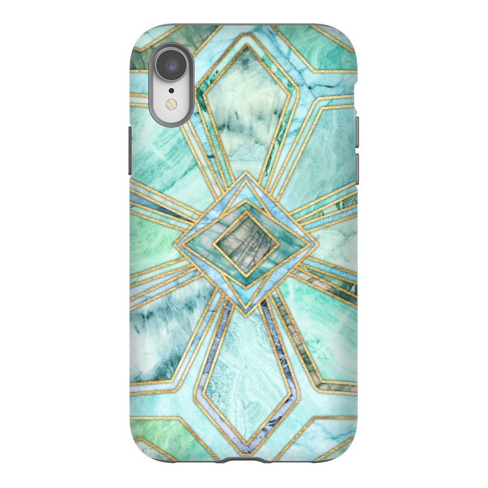 iPhone Xr StrongFit Geometric Gilded Stone Tiles in Mint and Jade Green by Micklyn Le Feuvre