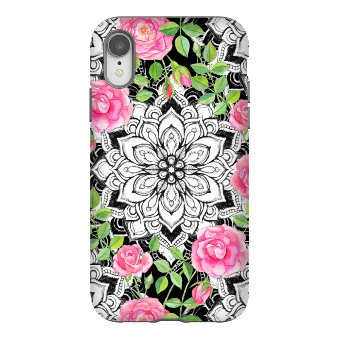 iPhone Xr StrongFit Peach Pink Roses and Mandalas on Black and White Lace by Micklyn Le Feuvre