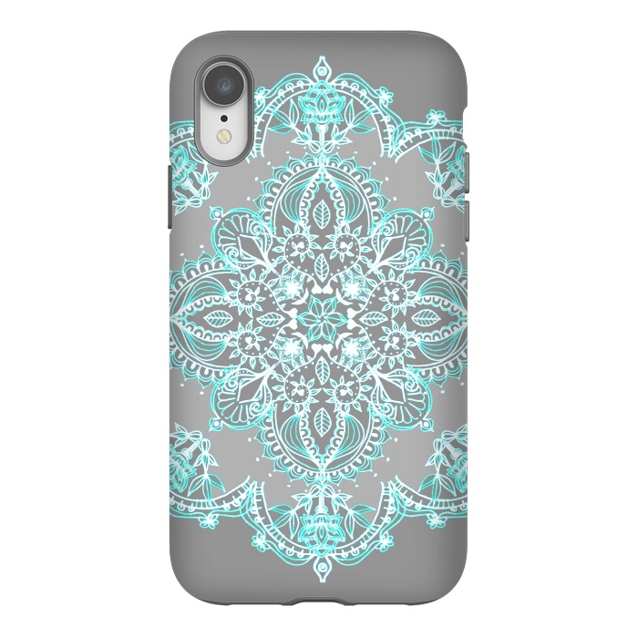 iPhone Xr StrongFit Teal and Aqua Lace Mandala on Grey  by Micklyn Le Feuvre