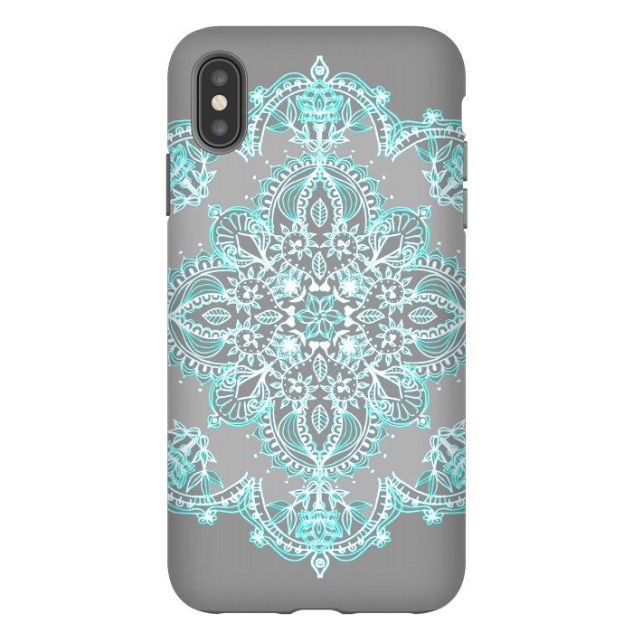 iPhone Xs Max StrongFit Teal and Aqua Lace Mandala on Grey  by Micklyn Le Feuvre