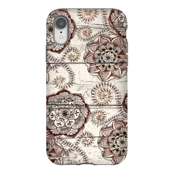 iPhone Xr StrongFit Coffee & Cocoa - brown & cream floral doodles on wood by Micklyn Le Feuvre