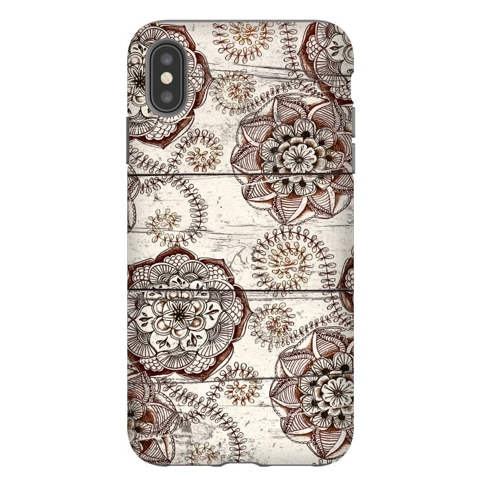 iPhone Xs Max StrongFit Coffee & Cocoa - brown & cream floral doodles on wood by Micklyn Le Feuvre