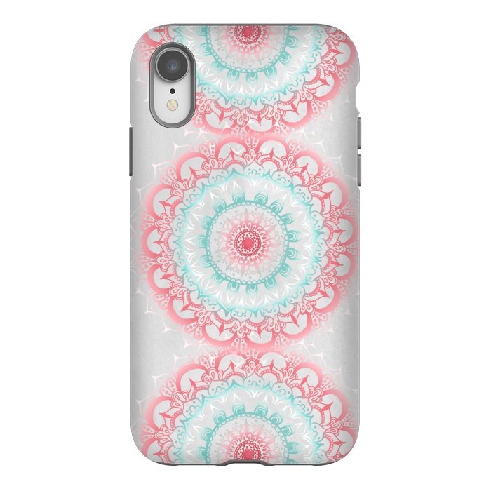 iPhone Xr StrongFit Faded Coral & Mint Mandalas on Grey by Tangerine-Tane