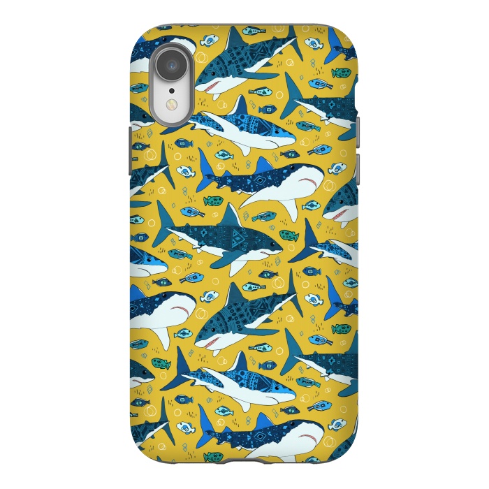 iPhone Xr StrongFit Tribal Sharks & Fish On Mustard by Tigatiga