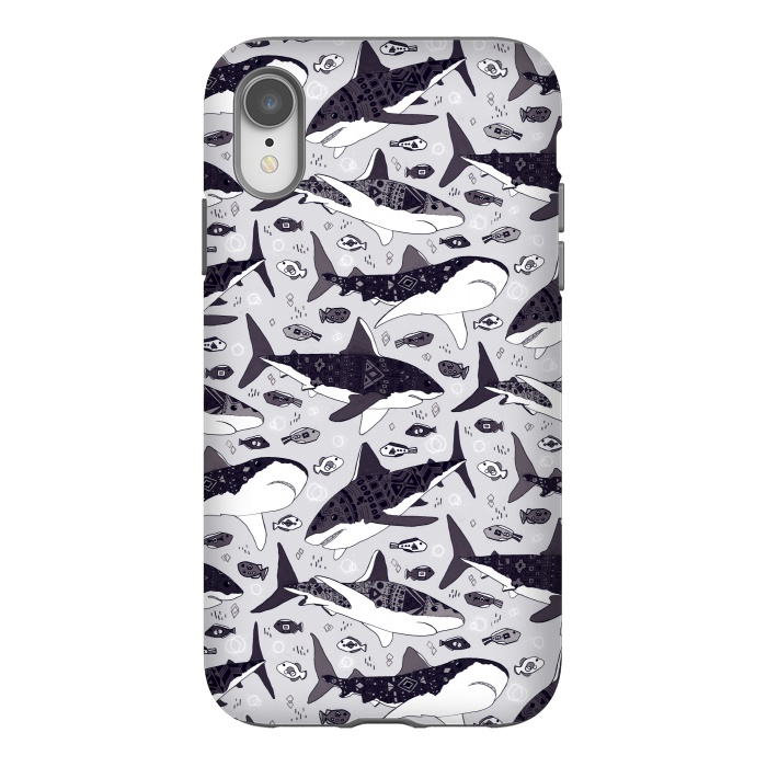 iPhone Xr StrongFit Black & White Tribal Sharks & Fish  by Tigatiga
