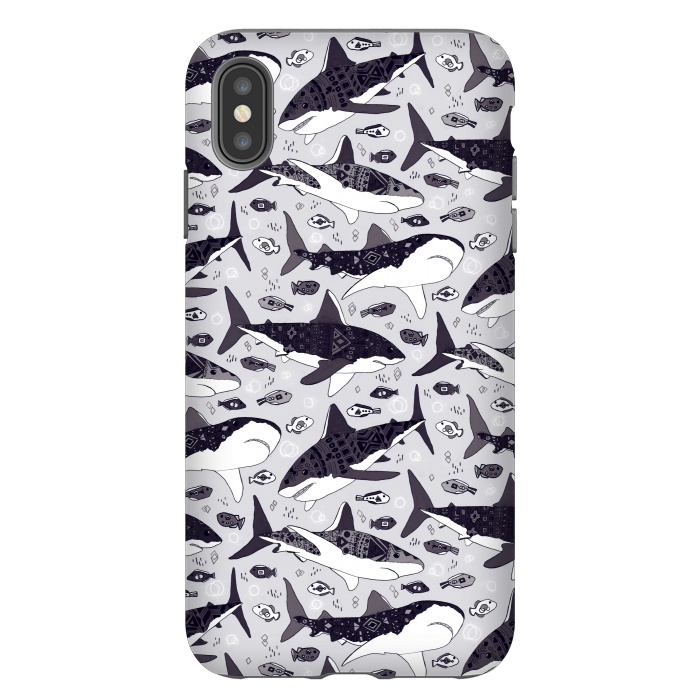 iPhone Xs Max StrongFit Black & White Tribal Sharks & Fish  by Tigatiga