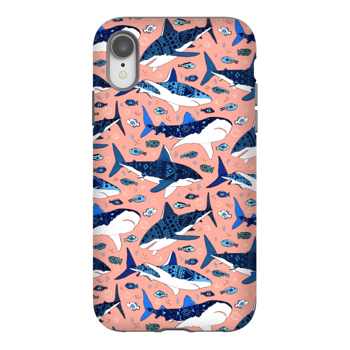 iPhone Xr StrongFit Tribal Sharks & Fish On Pink by Tigatiga