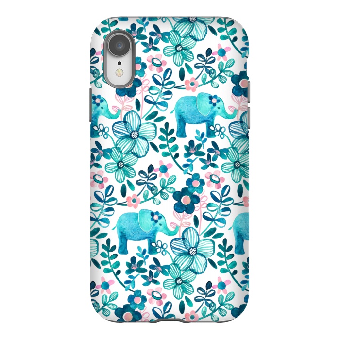 iPhone Xr StrongFit Little Teal Elephant Watercolor Floral on White by Micklyn Le Feuvre