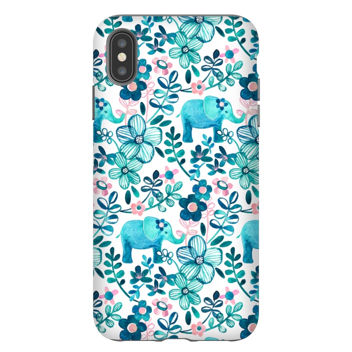 iPhone Xs Max StrongFit Little Teal Elephant Watercolor Floral on White by Micklyn Le Feuvre